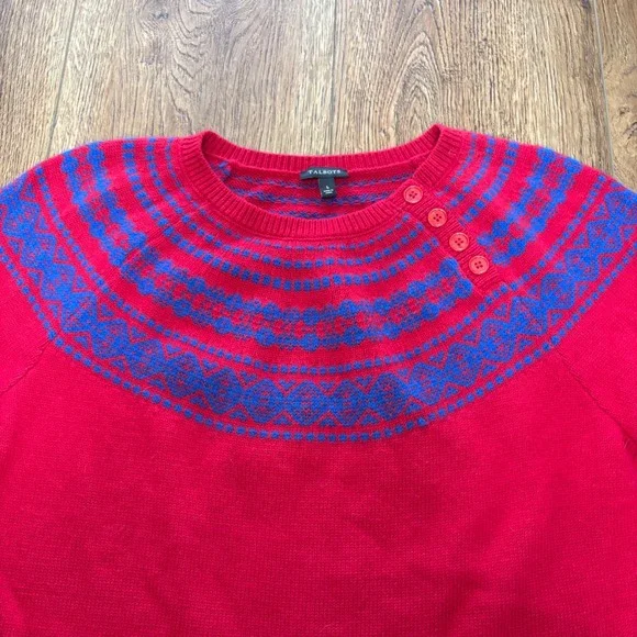Talbots Lambswool Fair Isle Knit Sweater Womens L Red Blue Crew Neck Buttons - Picture 4 of 11